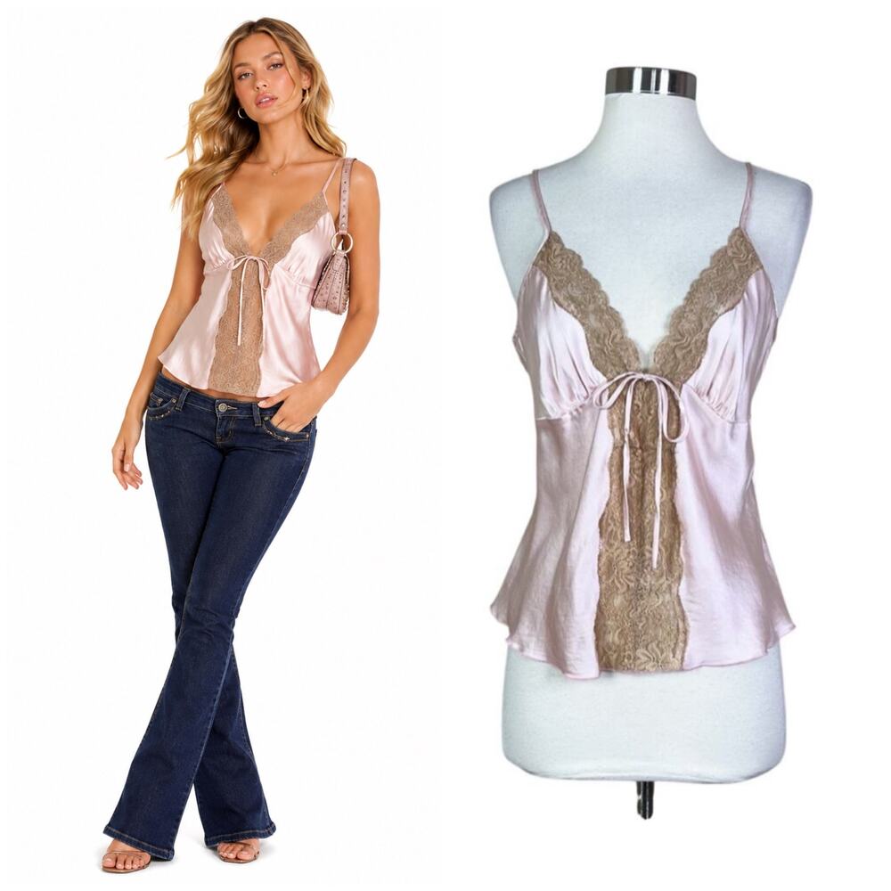 Vintage | Y2K Winter Silks Light Baby Pink Tan Lace Silk Tie Sexy Tank Top L EUC